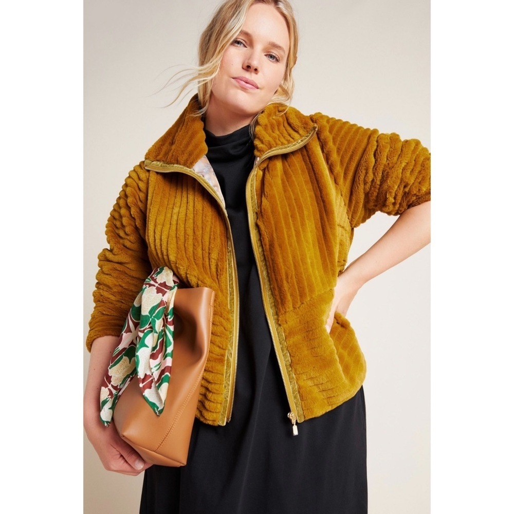 ❤️🔥Anthropologie - Mustard Natasha Faux Fur Jacket - L & 1X